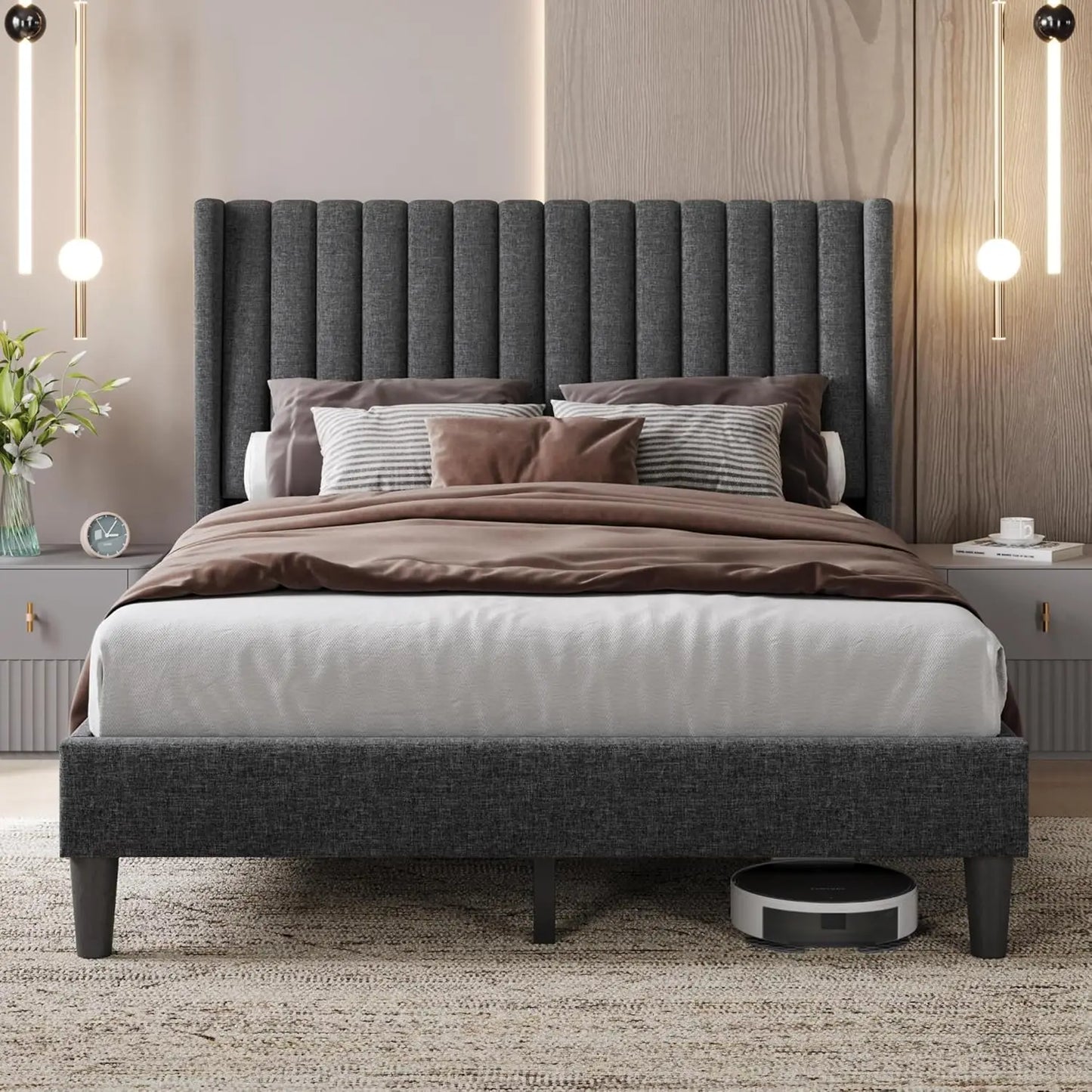 Queen Bed Frame Upholstered Platform Bed with Fabric Headboard, Wing Edge Design/Non-Slip and Noise-Free/Wooden, Customized