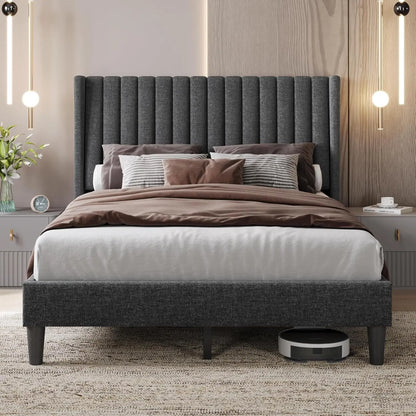 Queen Bed Frame Upholstered Platform Bed with Fabric Headboard, Wing Edge Design/Non-Slip and Noise-Free/Wooden, Customized
