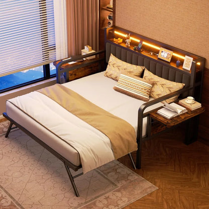 Trundle and LED Light, Heavy Duty Metal Twin Bed Frame with Upholstered Storage Headboard & Charging Station, Day Be