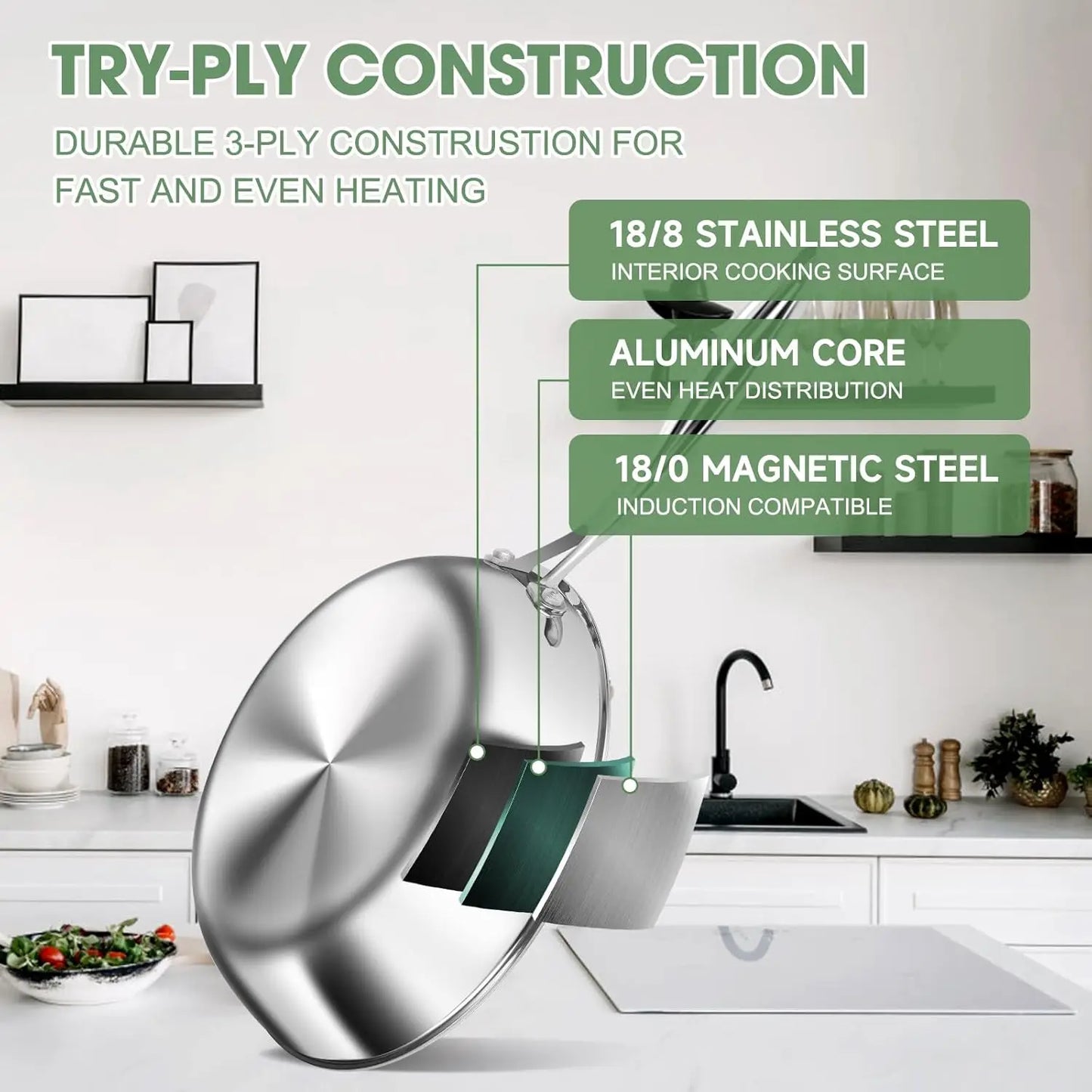 3 Ply Stainless Steel 11-Piece Cookware Set with Lids, Pots and Pans Kitchen Set, Non-Toxic, Induction, Oven, Dishwasher Safe, P