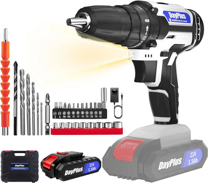 DayPlus 21V Portable Cordless Power Drill Set Impact Screw Driver with 1500mAh Li-Ion Battery 25+1 Torque Setting 45N.m