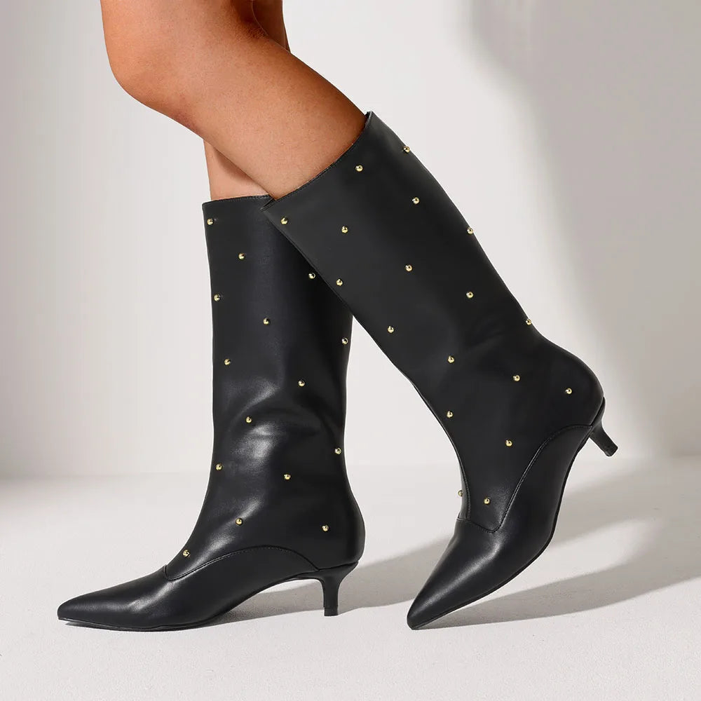 Fashion Women Mid Calf Boots Point Toe Kitten Med Heels Rivet Metal Decor Women's Wide Calf Boots Trend 2025 Designer Ins Hot Sh