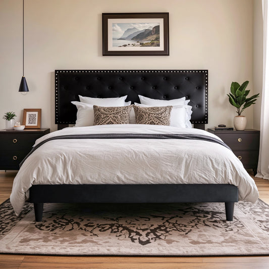 HOOMIC Bed Frame with Upholstered Headboard, Velvet Diamond Button Tufted Headboard, Strong Mattress Foundation Allewie
