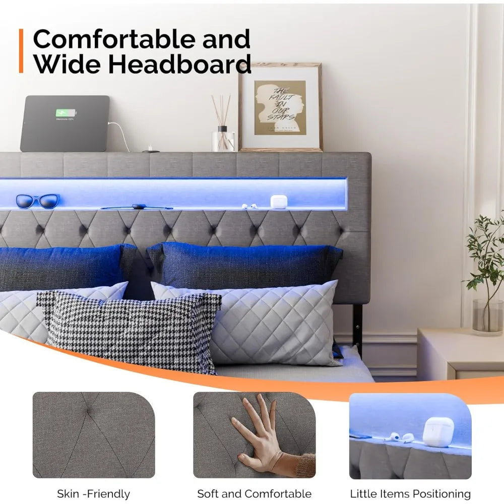 Full Size Floating Bed Frame with Charging Station,Modern Metal Full Bed with led Lights,Easy Assembly,Upholstered Bed Frame