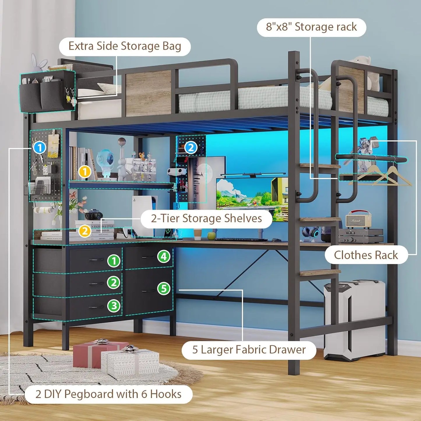 Twin Loft Bed with Desk and 5 Storage Drawers,Loft Bed Twin Size with LED Lights and Charging Station, Metal Bunk Bed Frame with
