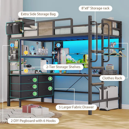 Twin Loft Bed with Desk and 5 Storage Drawers,Loft Bed Twin Size with LED Lights and Charging Station, Metal Bunk Bed Frame with