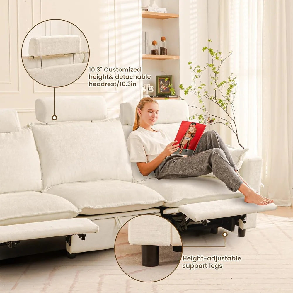 Oversized Power Reclining Sofa, Cream Cloud Chenille Recliner Couch with Adjustable Headrest, Pillows & Hidden Storage, Comforta