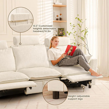 Oversized Power Reclining Sofa, Cream Cloud Chenille Recliner Couch with Adjustable Headrest, Pillows & Hidden Storage, Comforta
