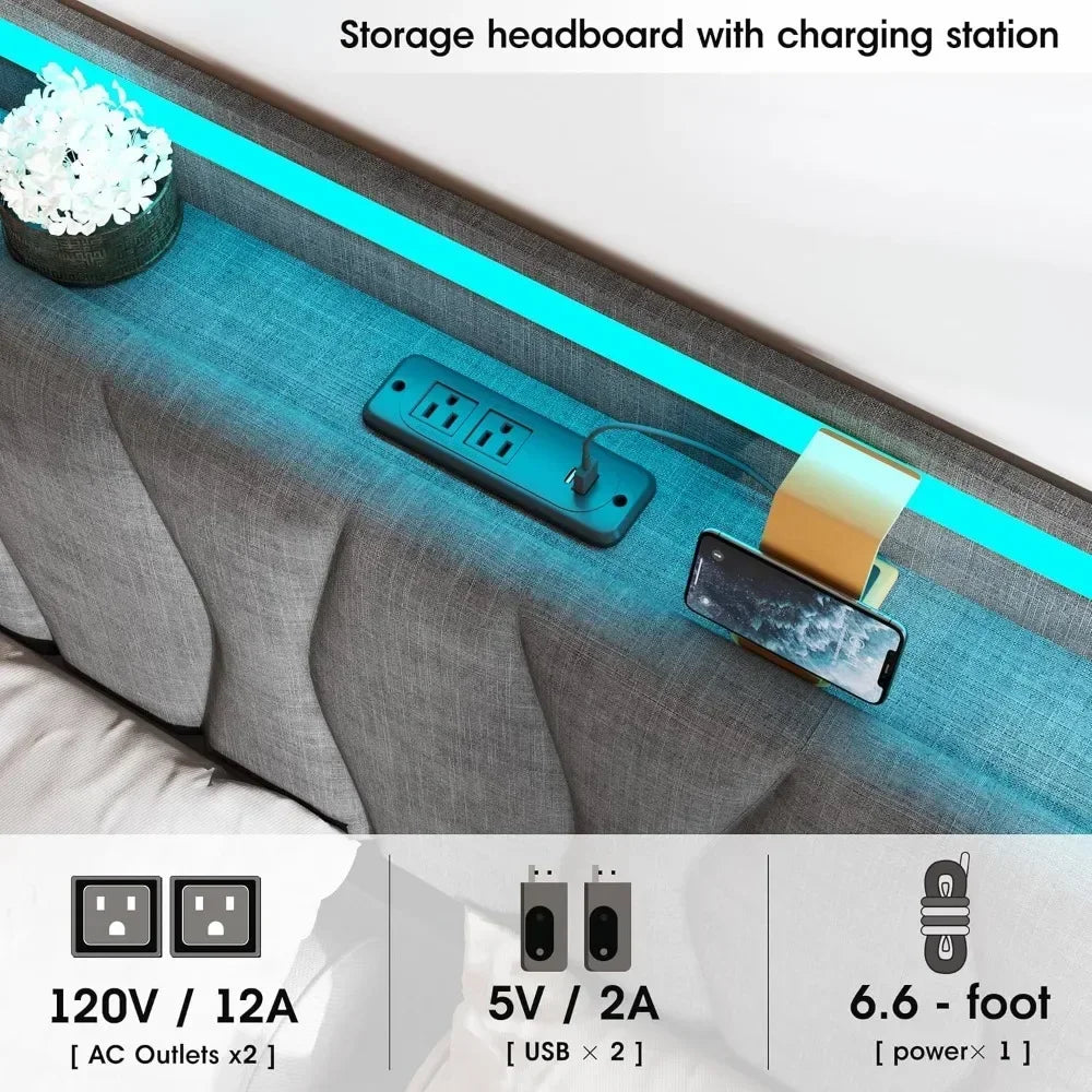 Queen Lift Up Storage Bed Frame, Height Adjustable Storage Headboard with Charging Station, LED Lights Upholstered Platform Bed