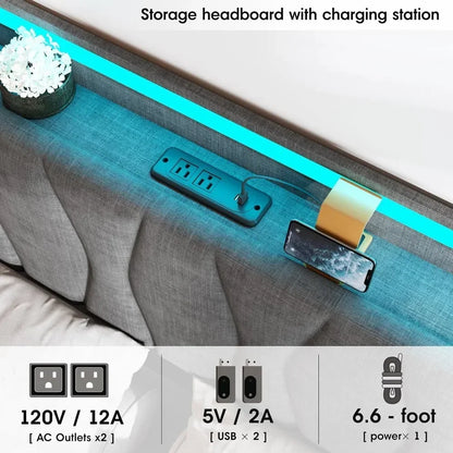 Queen Lift Up Storage Bed Frame, Height Adjustable Storage Headboard with Charging Station, LED Lights Upholstered Platform Bed