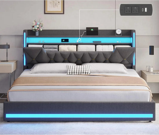 LED King Bed Frame with Charging Station, Hidden Storage & Upholstered Headboard, Dark Gray Linen