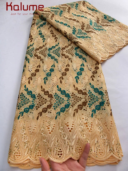 Kalume African Cotton Embroidered Lace Fabric With Stones 2025 Nigerian Swiss Voile Lace Fabric Flower For Sewing Dress F4325