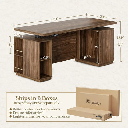 70" Electric Standing Desk with Storage & USB, Adjustable Height 29.5-43.3", Black Walnut Executive Office Desk