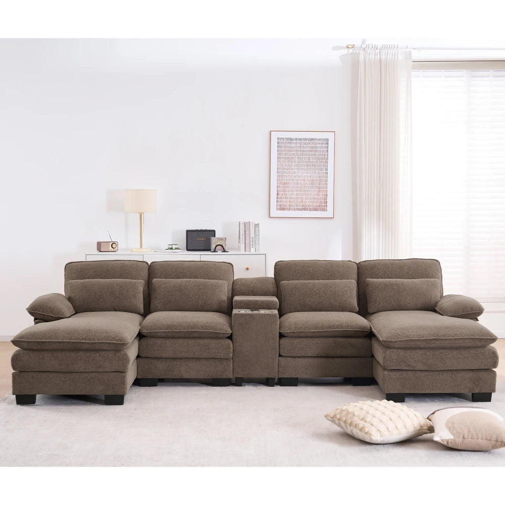 124" Luxury Modern Modular U-Shaped Sectional Sofa, 4-Seater Chenille Cloud Couch w/ Storage Console, Cup Holders & Pillows