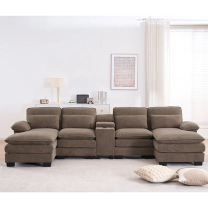 124" Luxury Modern Modular U-Shaped Sectional Sofa, 4-Seater Chenille Cloud Couch w/ Storage Console, Cup Holders & Pillows
