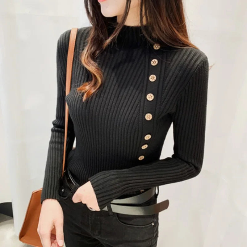 Spring Autumn Mock Neck Skinny Elastic Knitted Shirt Women Pullover Sweater Tops Female Long Sleeve Slim Knit Shirts Knitwear