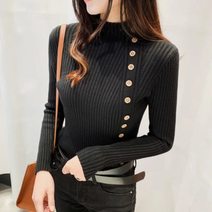 Spring Autumn Mock Neck Skinny Elastic Knitted Shirt Women Pullover Sweater Tops Female Long Sleeve Slim Knit Shirts Knitwear