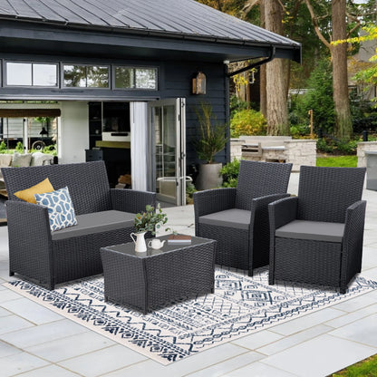 4 Piece Patio Furniture Set, Outdoor Wicker Conversation Sets, Rattan Sectional Sofa Couch with Coffee Table & Seat Cushions for