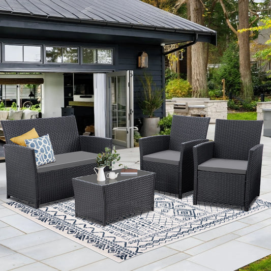 4 Piece Patio Furniture Set, Outdoor Wicker Conversation Sets, Rattan Sectional Sofa Couch with Coffee Table & Seat Cushions for
