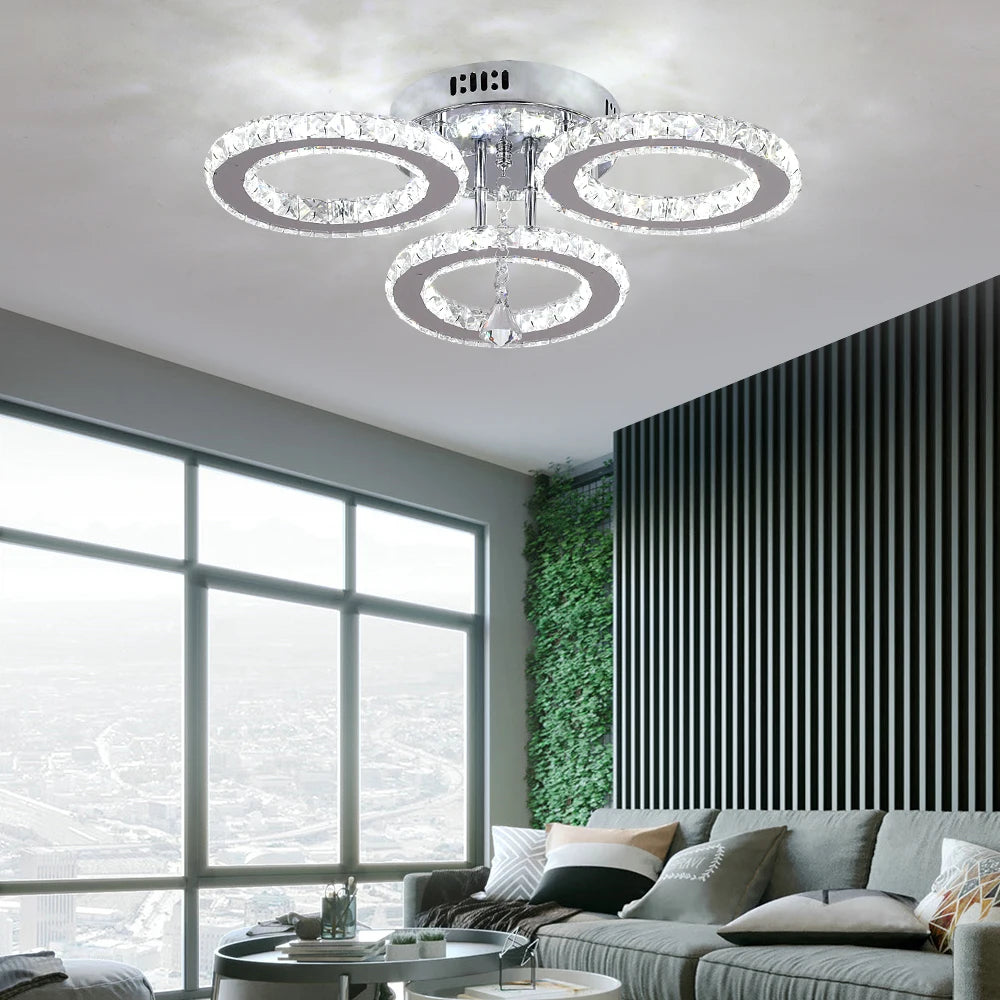 Modern Ceiling Lamp Pendant Light Crystal Led Chandelier Fixture Rings Stainless Steel Plafonnier Kids Bedroom Home Decor Indoor