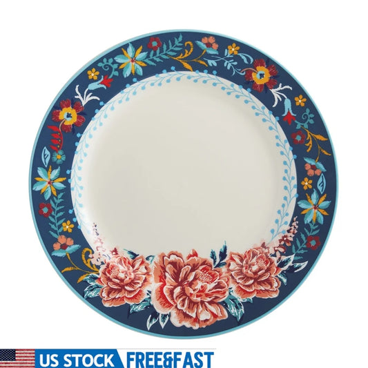 Rustic Floral Stoneware Dinner Plate Vintage Style Dishwasher Microwave Safe Round Dish Everyday Use Special Occasions
