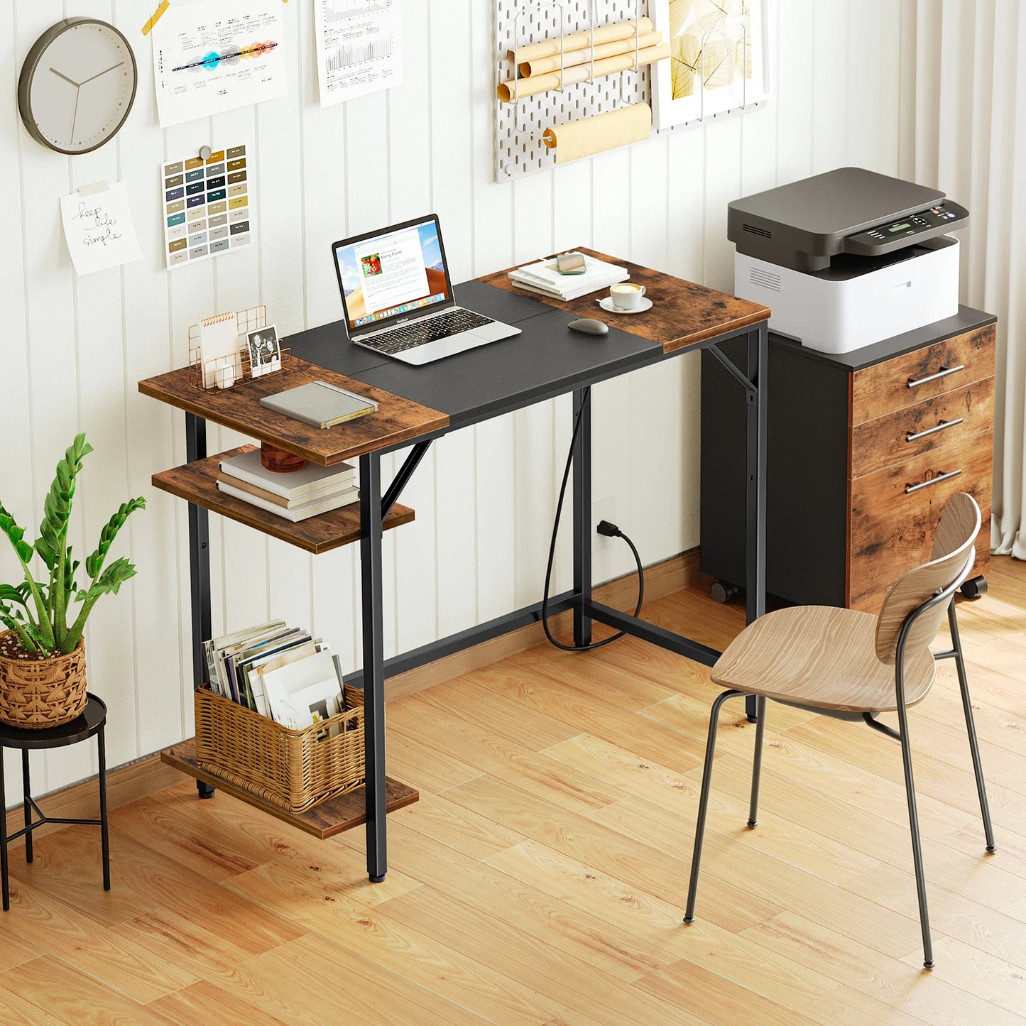 HOOBRO Computer Desk Home Office Desk with Power Outlet Writing Desk with 2 Shelves Modern Small  Desk for Home Office  Study