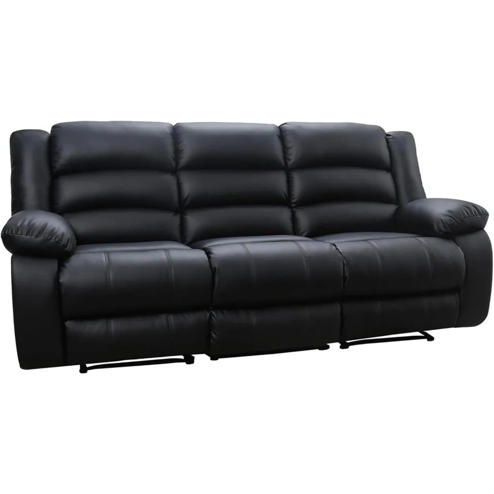 Manual Reclining Sofa 3 Seats with Cup Holders, Overstuffed Armrest Faux Leather Couch for Living Room Bedroom
