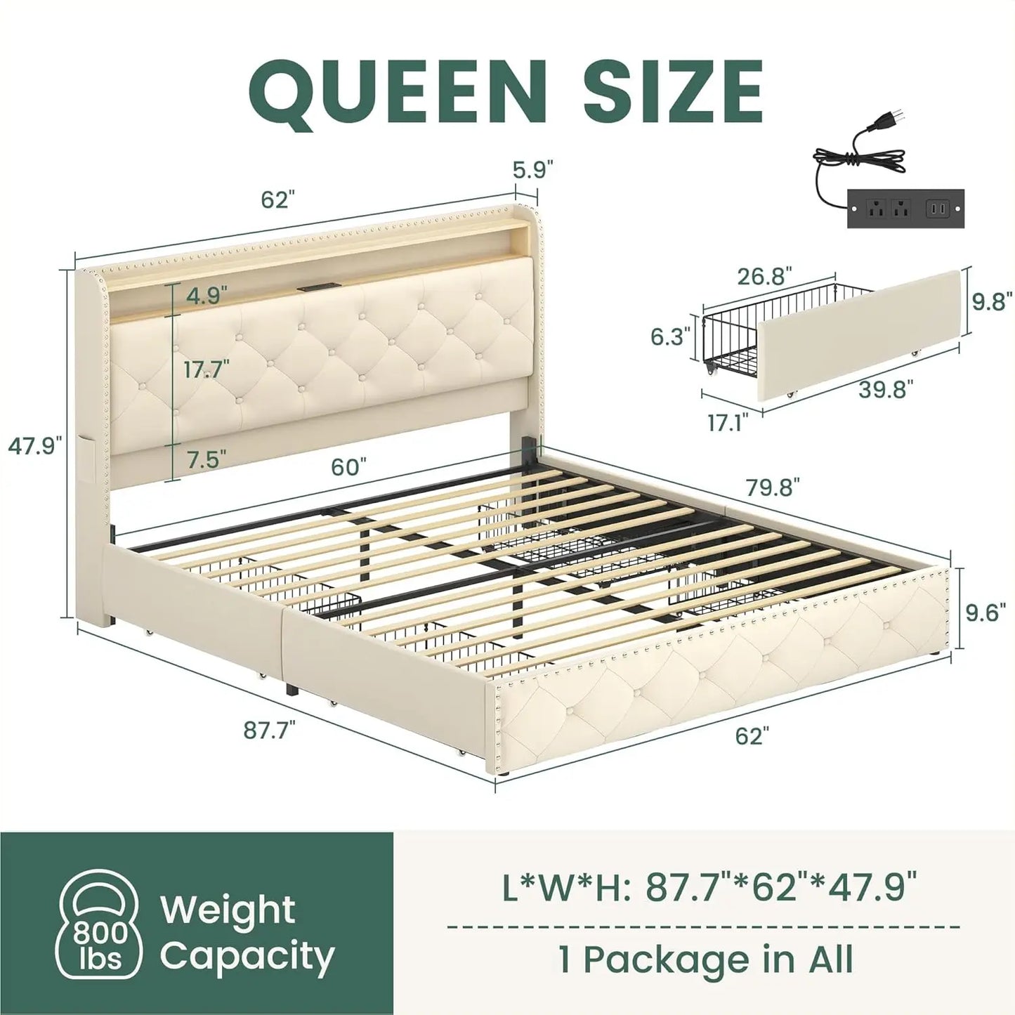 Queen Size Bed Frame with 4 Storage Drawers and Charging Station, Velvet Upholstered Platform Bed Frame with LED, Customized