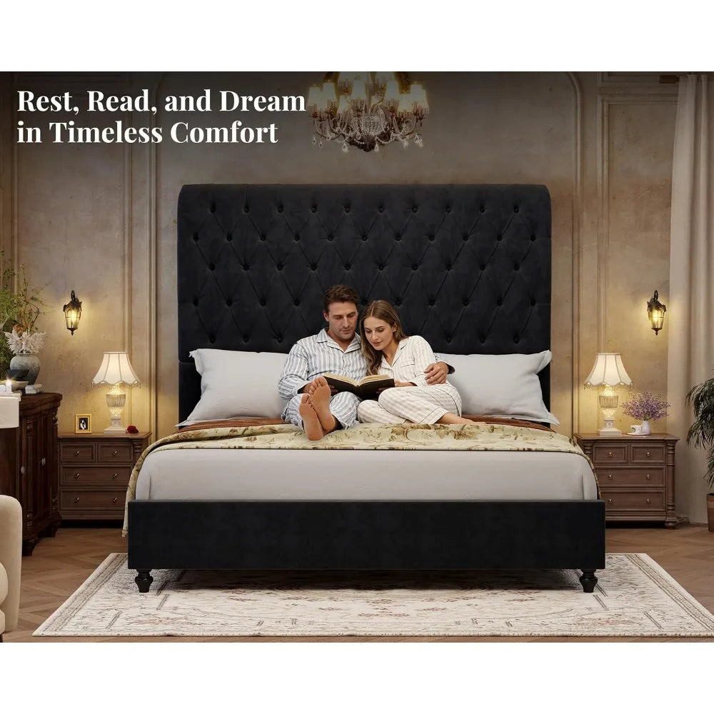 Queen Size Velvet Upholstered Bed Frame with Tall Headboard, Noise-Free, No Box Spring Needed, Black