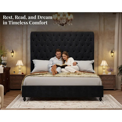 Queen Size Velvet Upholstered Bed Frame with Tall Headboard, Noise-Free, No Box Spring Needed, Black