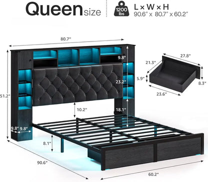 Queen Bed Frame with Bookcase Headboard and Storage Drawers, 51.2" Metal Platform Queen Size Bed Frame , Black