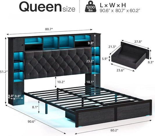 Queen Bed Frame with Bookcase Headboard and Storage Drawers, 51.2" Metal Platform Queen Size Bed Frame , Black