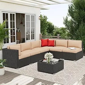 7-Piece Outdoor Patio Furniture Sofa Set Black Rattan Wicker Sectional Conversation Sets with Glass Top Table and Cushions(Red)