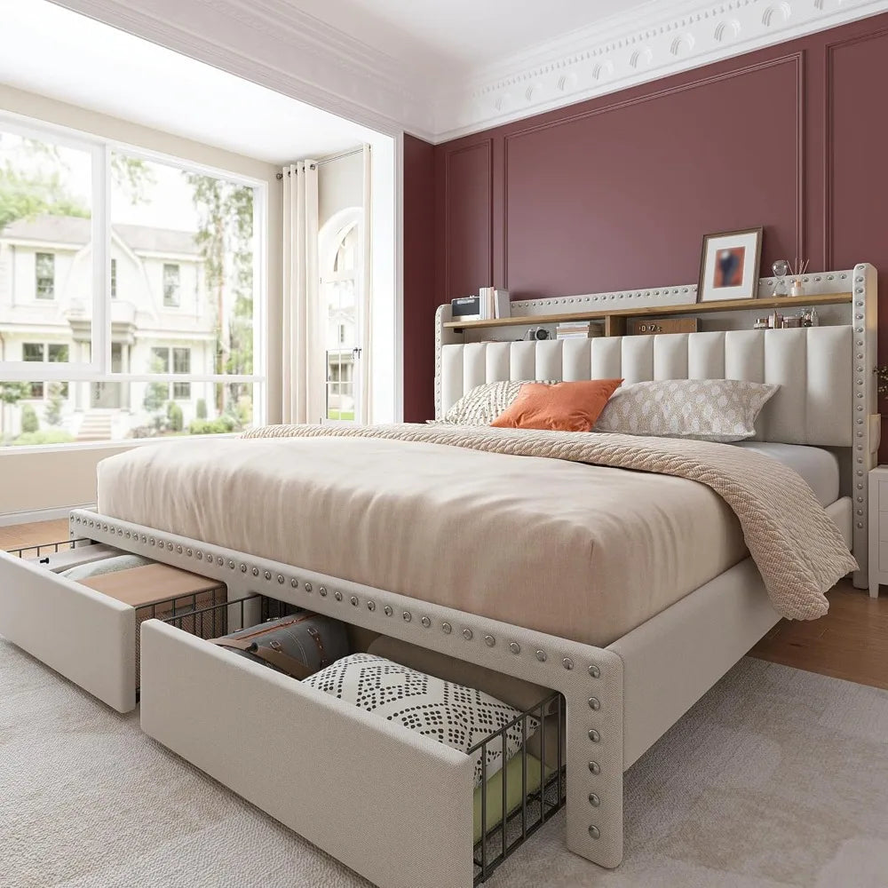 Queen Size Bed Frame, Upholstered Queen Bed Frame with 2 Storage Drawers and 2-Tier Headboard, Vertical Tufted Headboard