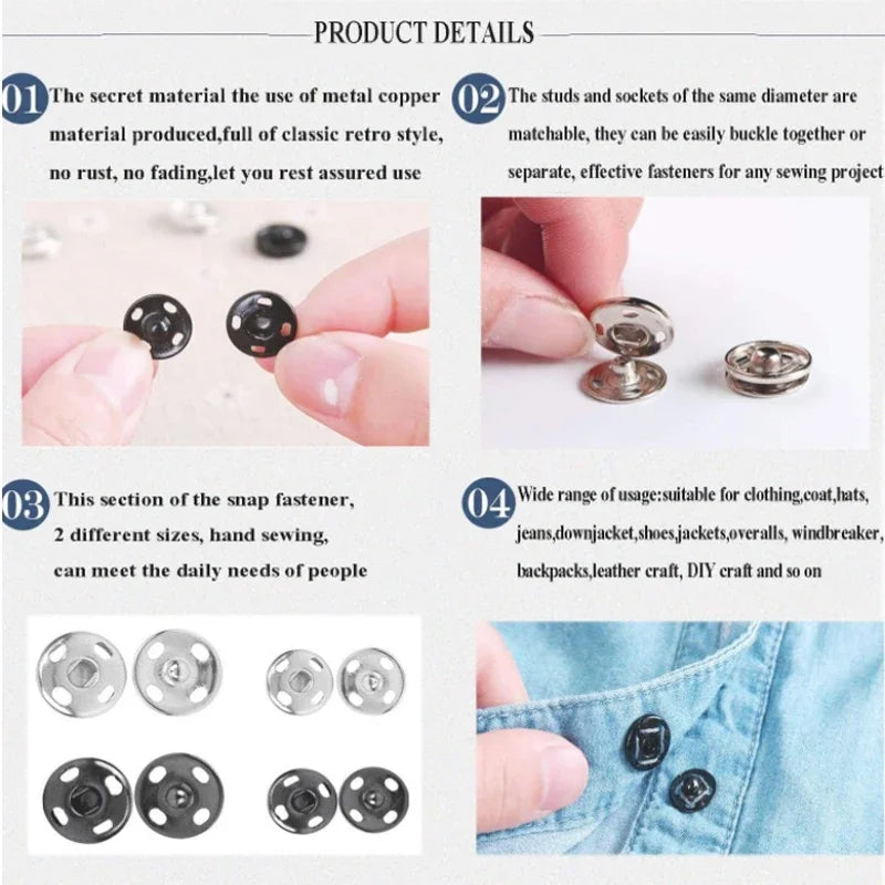 10/50Set 10-21mm Metal Sew-on Snap Buttons Black Silver Color DIY Sewing Clothing Snap Fastener Buttons Craft Press Studs Button