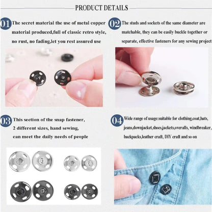 10/50Set 10-21mm Metal Sew-on Snap Buttons Black Silver Color DIY Sewing Clothing Snap Fastener Buttons Craft Press Studs Button