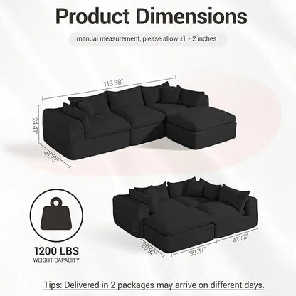 113" Cloud Modular Sectional Sofa - Comfy L-Shape Boneless Couch w/Ottoman & Deep Fluffy Seat, No Assembly Required,Customized