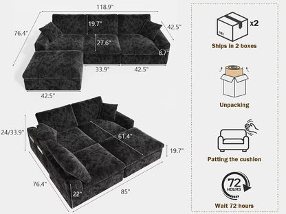 119" Cloud Couch Sectional for Living Room, Oversized Boneless Couches with Ottoman, Convertible L Shaped 3 Seater, Customized