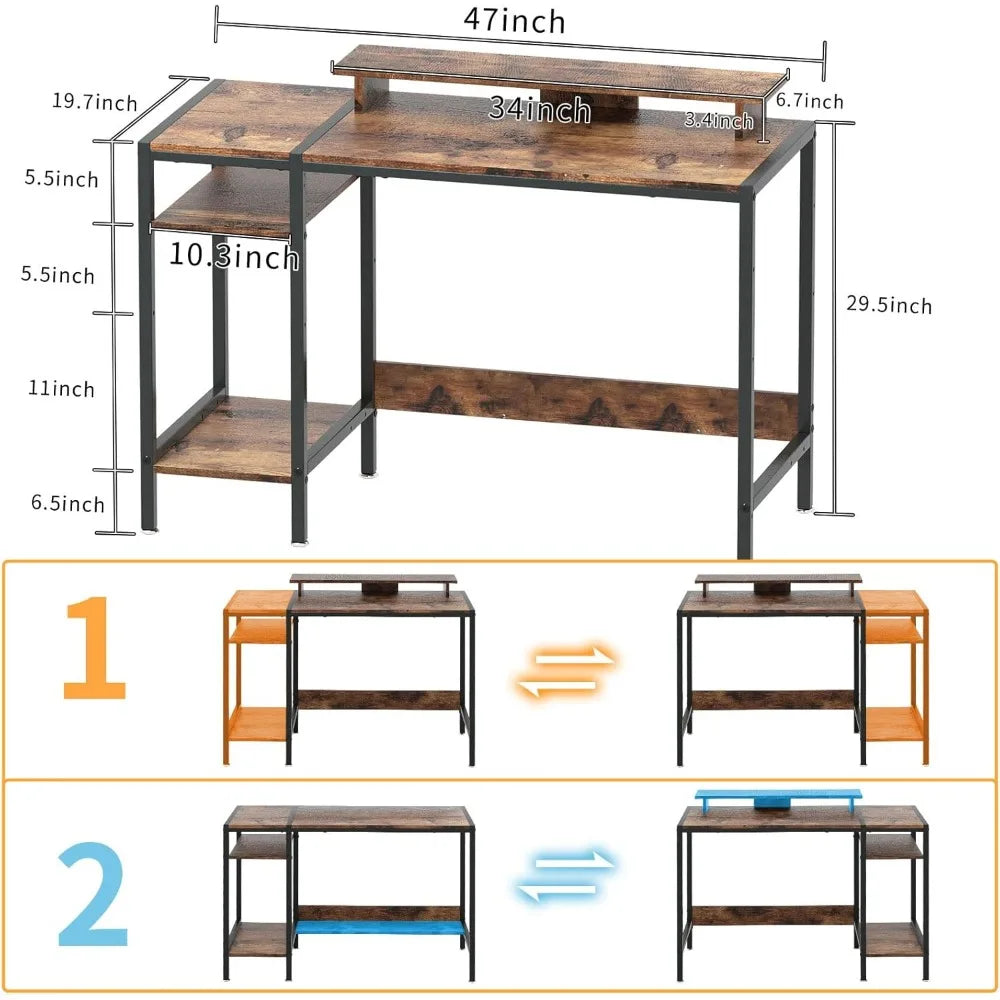 Gaming/Computer Desk - 47” Home Office Small Desk with Monitor Stand, Rustic Writing Desk for 2 Monitors, Adjustable Storage Spa
