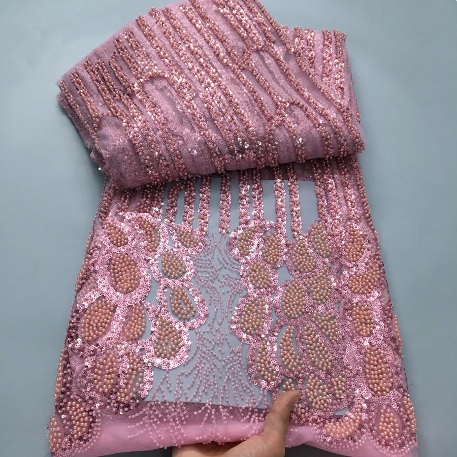 African Beads Lace Fabric 2025 High Quality 5 Yards Nigerian Sequins Beads Lace Fabric French Laces Fabrics For Party Dress Sew