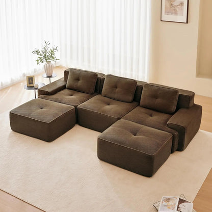 116" Modern Corduroy Cloud Sofa with Ottoman, U Shaped Boneless Modular Large Sectional Couches for Living Room, Green 3 Seater