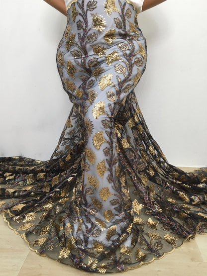 Black French Mesh Lace Fabric Sequins Flocking Bride Dress 2025 High Quality African Lace Fabric 5 Yards Nigerian Tulle Lace Sew