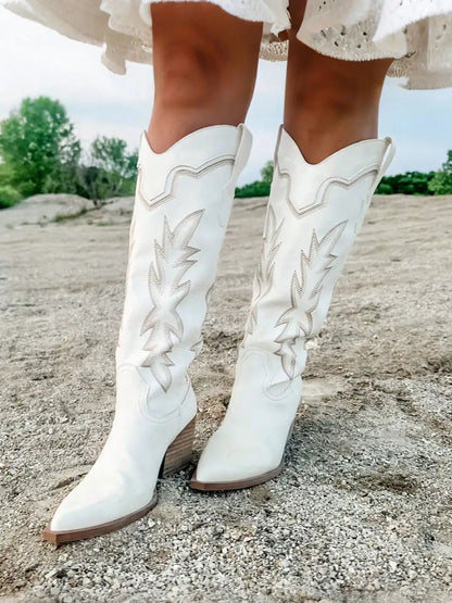 Embroidered Women's Western Knee High Boots Cowboy Retro Chunky Block Heeled Side Zip Vintage Cowgirl Boots For Women Shoes