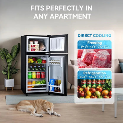 3.6 Cu.Ft Fridge with Freezer, Double Door Refrigerator with 6 Level Thermostat, LED Light, Adjustable Glass Shelves for Bedroom