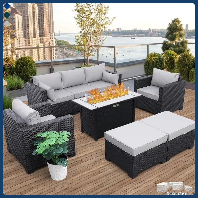6-Piece Light Gray Patio Set with 45" Table and 60,000 BTU Propane Fire Pit