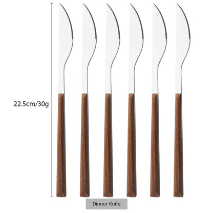 6/24pcs Wooden Handle Cutlery Set Brown Silver Dinnerware Set Stainless Steel Forks Spoons Knife Tableware Kitchen Flatware Set
