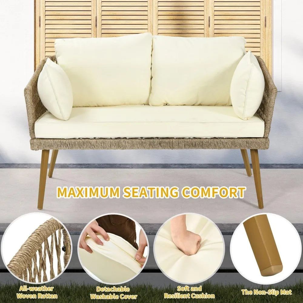 patio wicker loveseat, all-weather rattan 2 seater sofa with cushions & lumbar pillows, outdoor patio furniture set for patio,