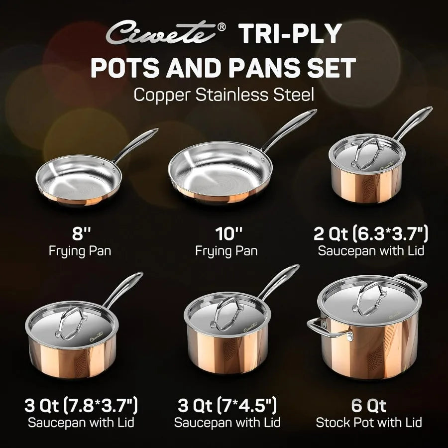 Whole Triply 18 10 Stainless Steel Pot and Pan Set 10 Piece Copper Pots and Pans Set with Stainless Steel Lid Induction Cookwar