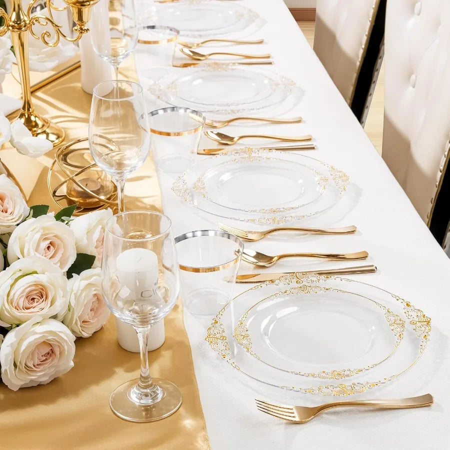 150PCS Clear and Gold Plastic Plates Disposable Dinnerware Set for Elegant Events and Parties Ideal for Serving 25 Guests with