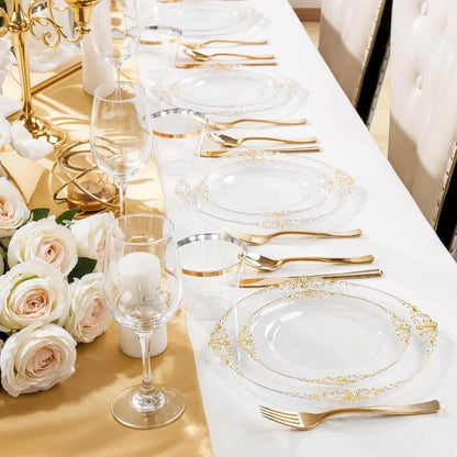 150PCS Clear and Gold Plastic Plates Disposable Dinnerware Set for Elegant Events and Parties Ideal for Serving 25 Guests with